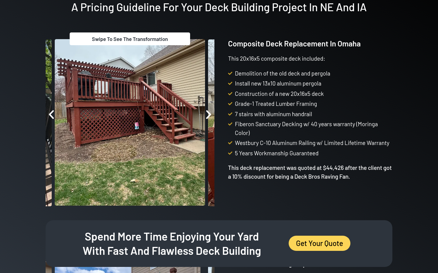 Mid-page pricing section with real case study: composite deck replacement at $44,426 (20x16x5, Fiberon Sanctuary, Westbury railing). Ideal for composite vs wood cost articles.