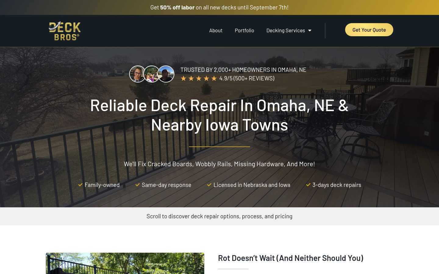 Deck Repair landing page hero section showing repair services (stairs, railing, resurfacing, painting, staining) and call-to-action.