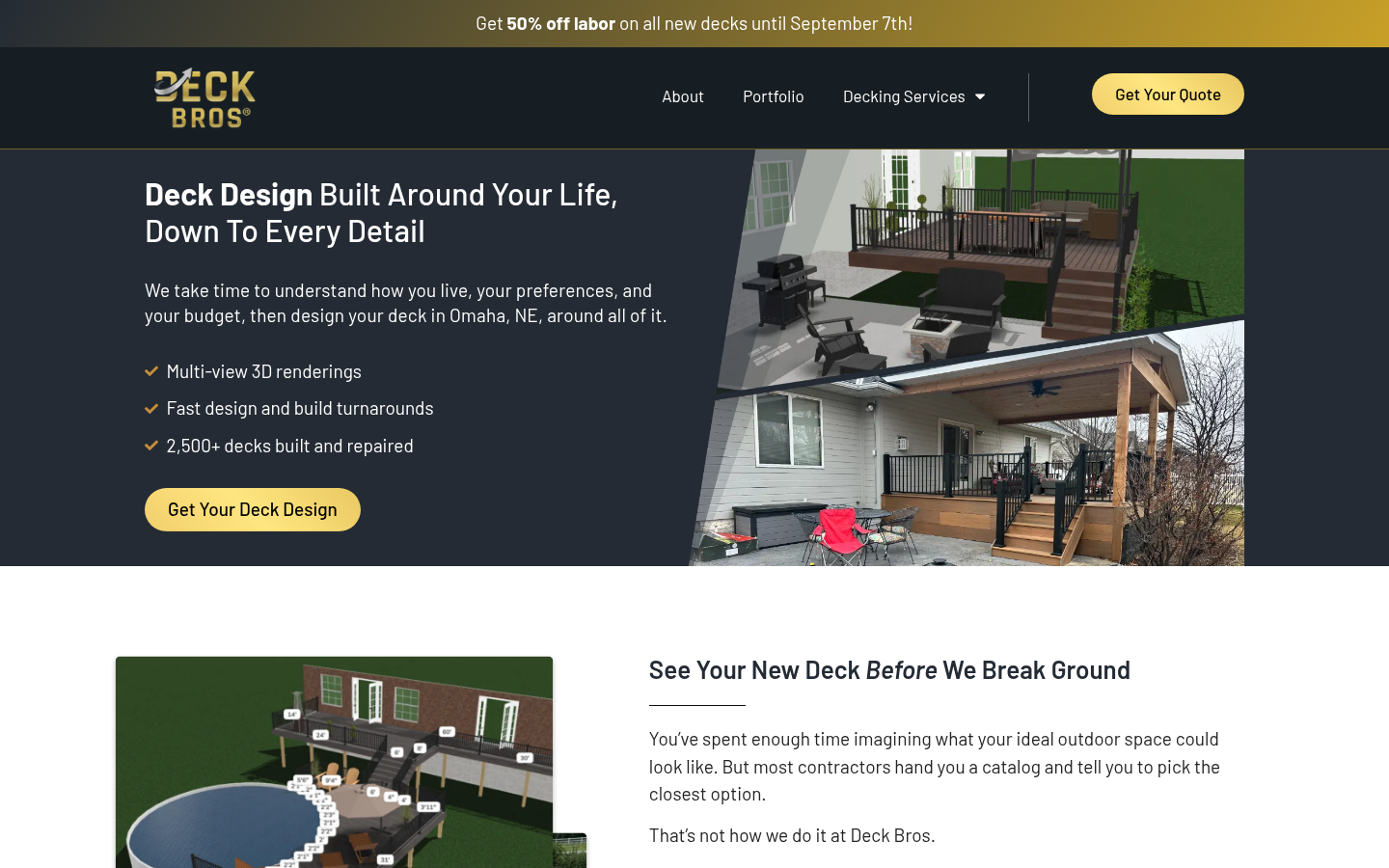 Deck Design landing featuring in-home design consultation, material samples, accessibility-conscious design options. Useful for deck design process articles.