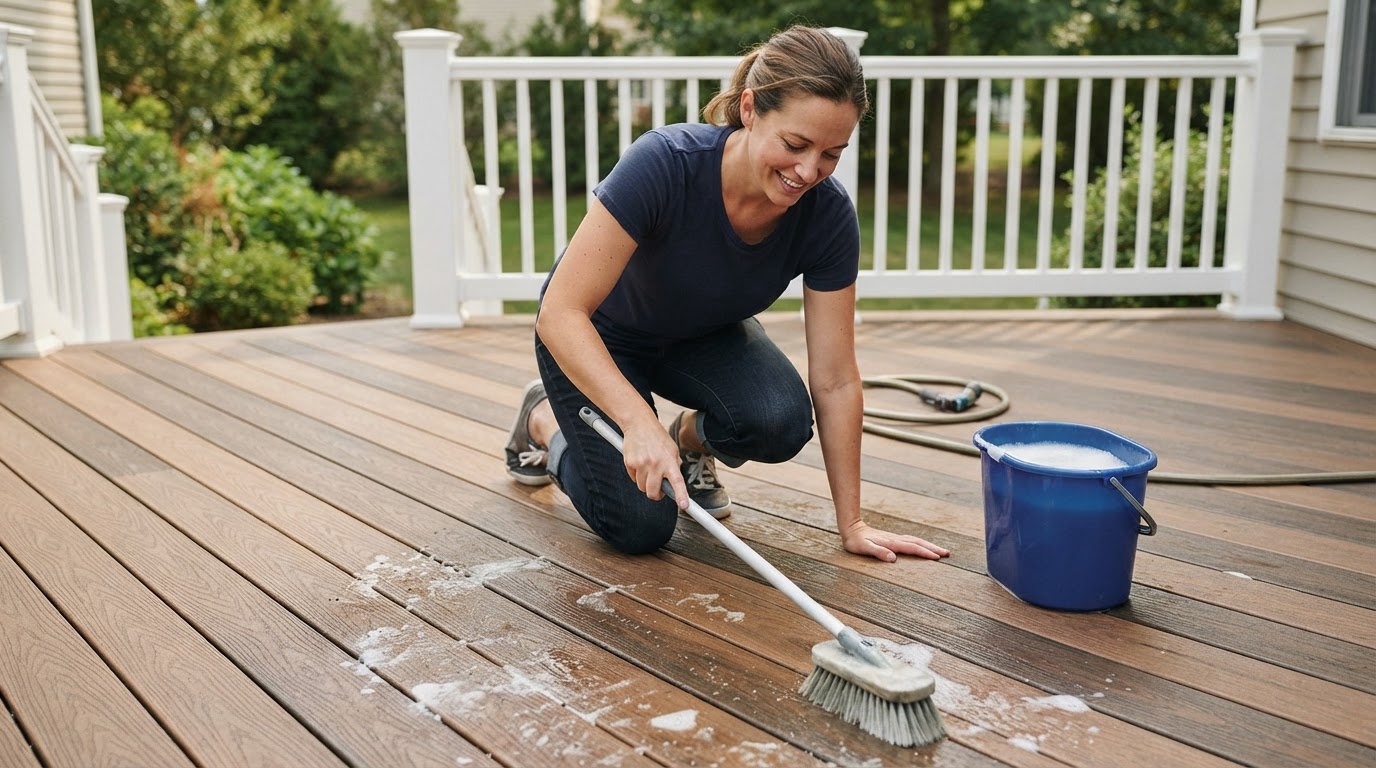 Editorial illustration for composite deck maintenance.